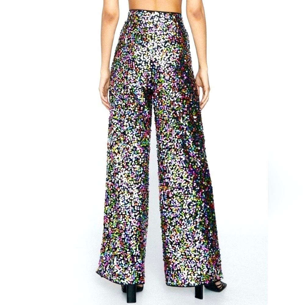 NWOT Nasty Gal Rainbow Sequin High Waist Wide Leg Flare Pants NYE Party Club - Picture 2 of 16